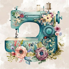 Load image into Gallery viewer, Decorative sewing machine with floral and botanical design on a light background