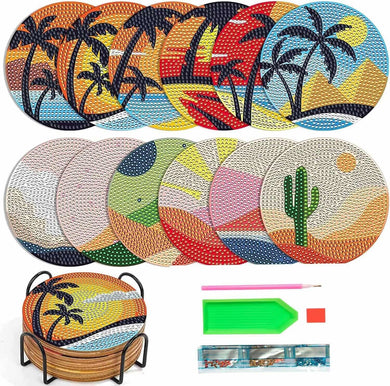 12Pcs Diamond Painting Coasters Landscape Coconut Tree Beach
