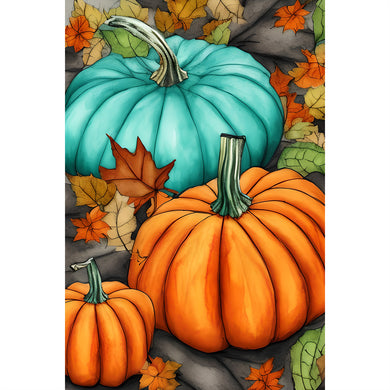 Teal Fall With Pumpkins Leaves 12x16in
