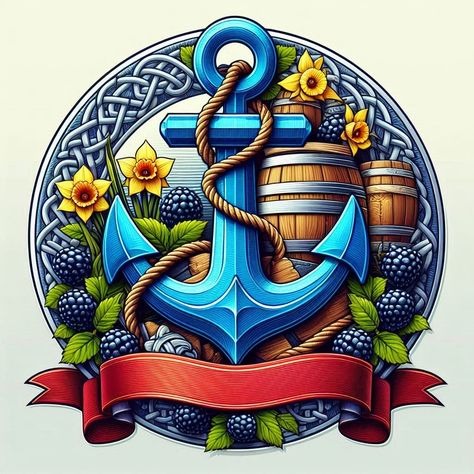 Decorative Design With Blue Anchor, Wooden Barrel, Flowers, And Berries