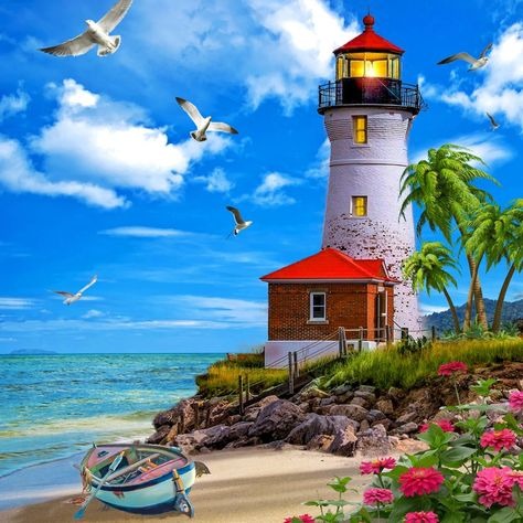 Lighthouse On A Beach With A Boat, Flowers, And Seagulls