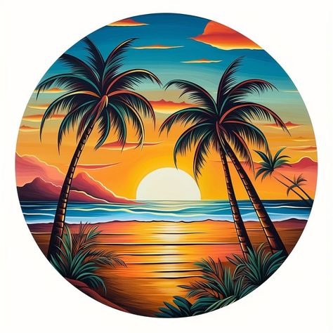 Circular Artwork Of A  Sunset With Palm Trees And Mountains