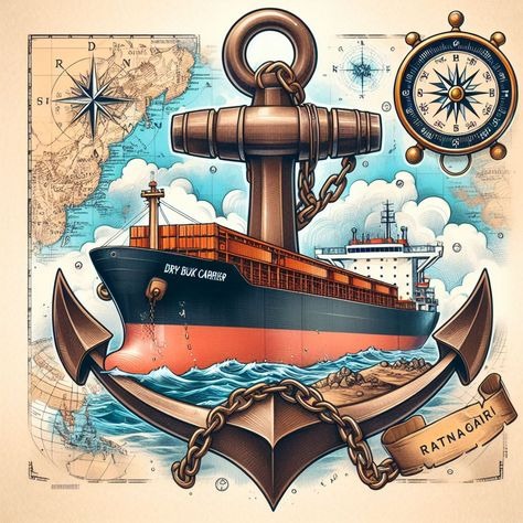 A Ship Under A Large Anchor With A Compass And Map