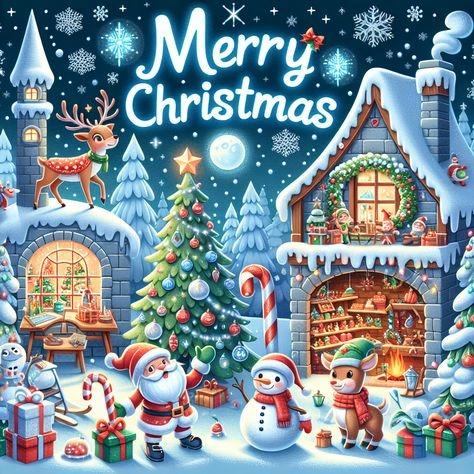 Christmas Santa Claus, Reindeer, Snowman, And Decorated House