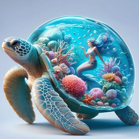 Tortoise With A Mermaid And Underwater Scene Inside A Crystal Ball
