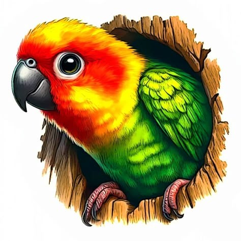 Colorful Parrot Peeking Out From A Wooden Hole