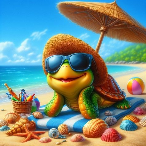 Cartoon Turtle With Sunglasses With An Umbrella And Toys