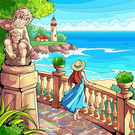 Woman Blue Dress And Straw Hat Standing On A Balcony Overlooking