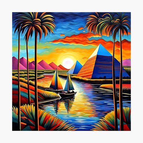 Colorful Painting Of A Pyramid, Sailboat, And Palm Trees With A Sunset
