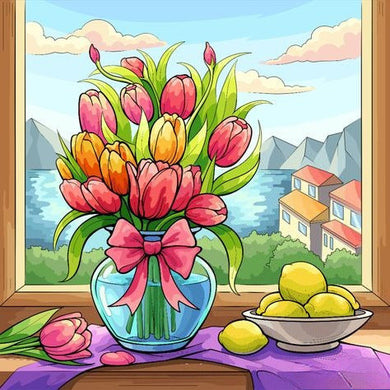 Colorful Tulips In A Vase With A Bow