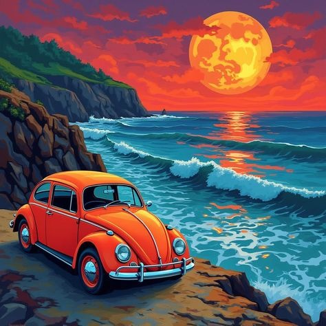 Orange Volkswagen Beetle On A Cliff Overlooking The Ocean