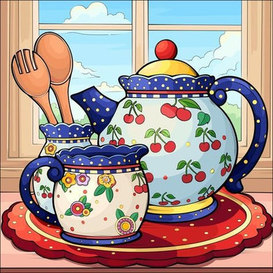 Colorful Ceramic Teapot And Cup With Cherry