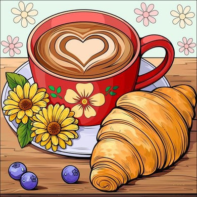 Red Coffee Cup With Heart-Shaped Latte Art, Croissant, And Flowers
