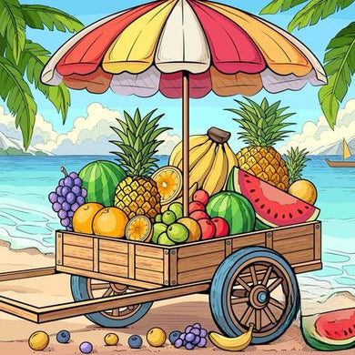 Cart With Fruits Under A Colorful Umbrella Beach