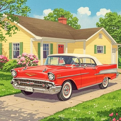 Red Classic Car Parked In Front Of A Yellow House