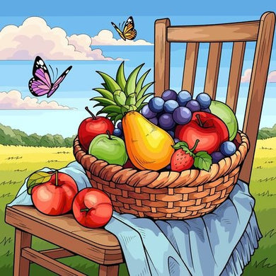 Basket Of Fruits On A Wooden Chair With Butterflies And A Field