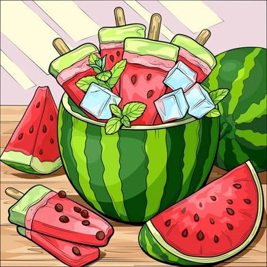 Watermelon Popsicles And Slices With Ice Cubes