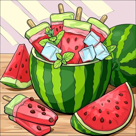 Watermelon Popsicles And Slices With Ice Cubes