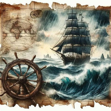 Vintage Ship On Stormy Sea With A Compass And World Map