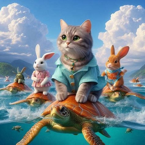 Cat In A Blue Shirt Riding A Turtle With Bunnies