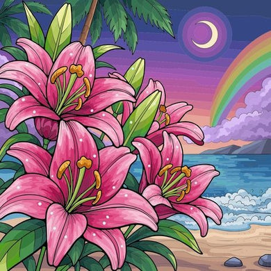 Pink Lilies With A Beach And Rainbow