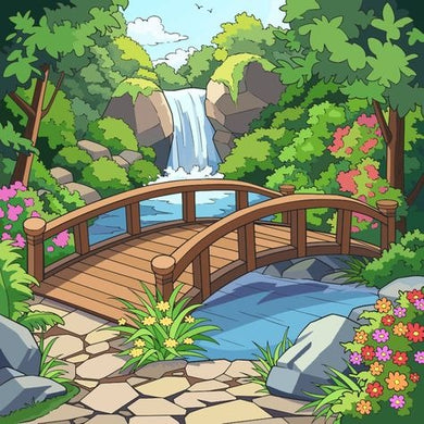 Wooden Bridge Over A Pond With A Waterfall