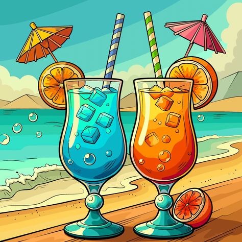 Two Colorful Cocktails With Ice Cubes