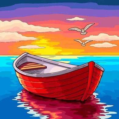 Red Boat On Water With A Colorful Sunset And Seagulls In The Sky