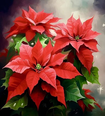 Three Red Poinsettias With Green Leaves