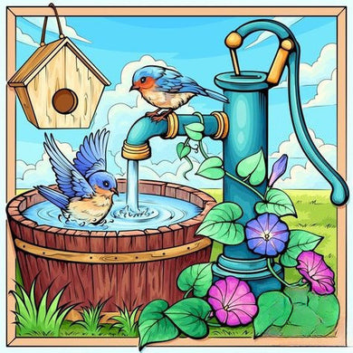 Two Birds By A Water Pump And Wooden Birdhouse