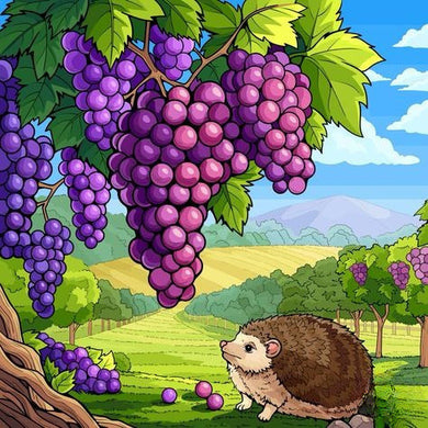 Cartoon Hedgehog Looking At Purple Grapes