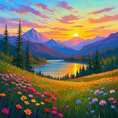 Mountains, Lake, And Colorful Flowers At Sunset