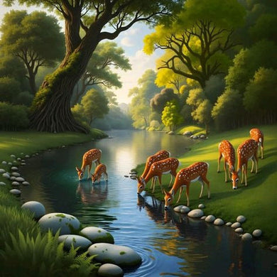 Deer By A Stream In A Lush Forest