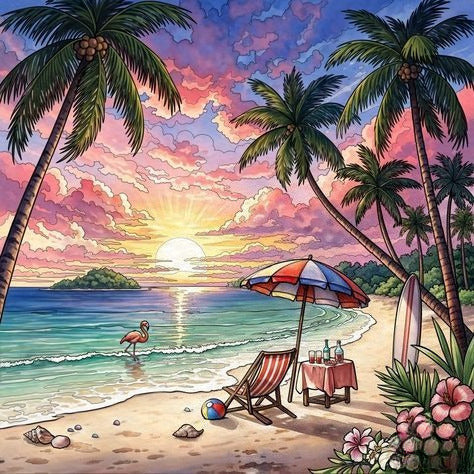 Beach Scene With Palm Trees, Lounge Chair, Umbrella, And Flamingo