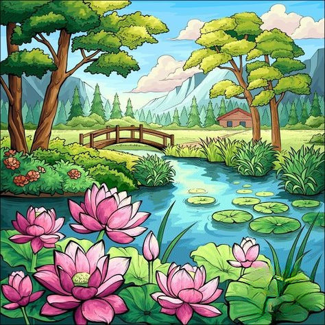 Pond With Pink Lotus Flowers