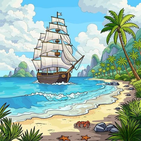 Beach With Palm Trees And Mountains