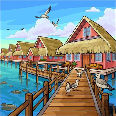 Cartoon Coastal Scene With Thatched-Roof Houses