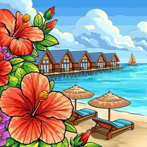 Colorful Beach With Flowers, Lounge Chairs, And Water Bungalows