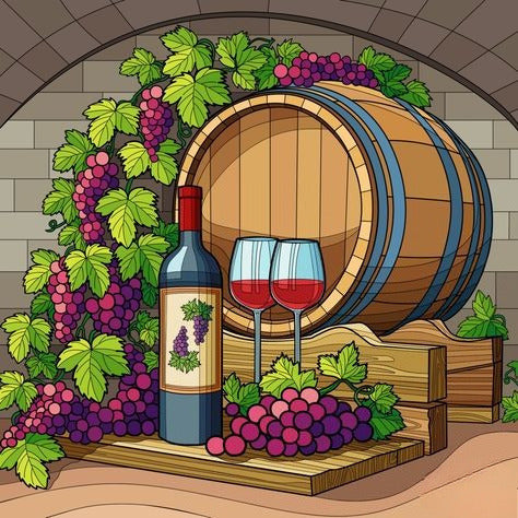 Wine Barrel, Bottle, And Glasses With Grapes
