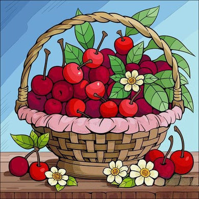 Basket Of Cherries With Flowers On A Blue