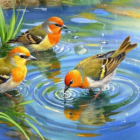 Three Birds By A Pond With Ripples In The Water