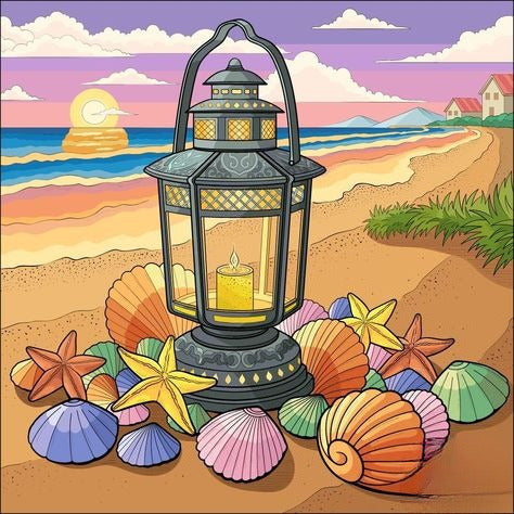 Decorative Lantern With A Candle On A Beach With Shells And Starfish
