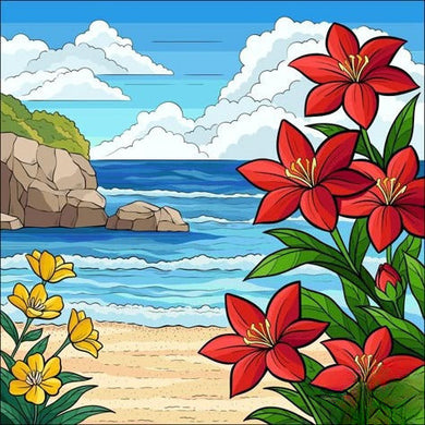 Colorful A Beach Scene With Red And Yellow Flowers
