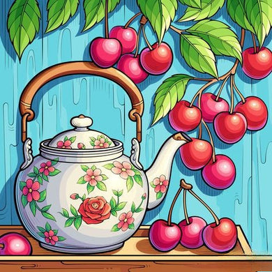 Decorative Teapot With Floral Patterns And Cherries