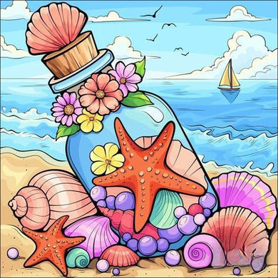 Seashells, Starfish, And Flowers In A Bottle