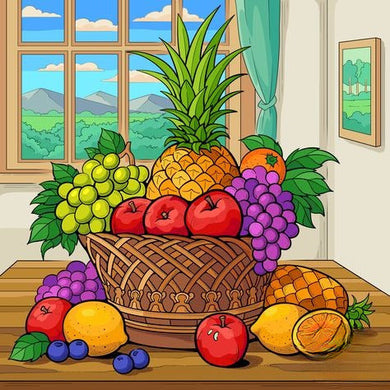 Basket Of Fruits On A Table Mountains And Greenery