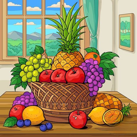 Basket Of Fruits On A Table Mountains And Greenery