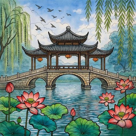 Traditional Chinese Pavilion Over A Pond With Lotus Flowers And Willow Trees