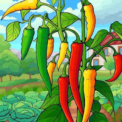 Colorful Peppers Growing In A Garden With A House