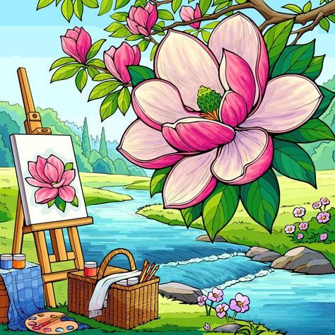 Colorful A Pink Flower With A Painting Easel And Picnic Basket By A River